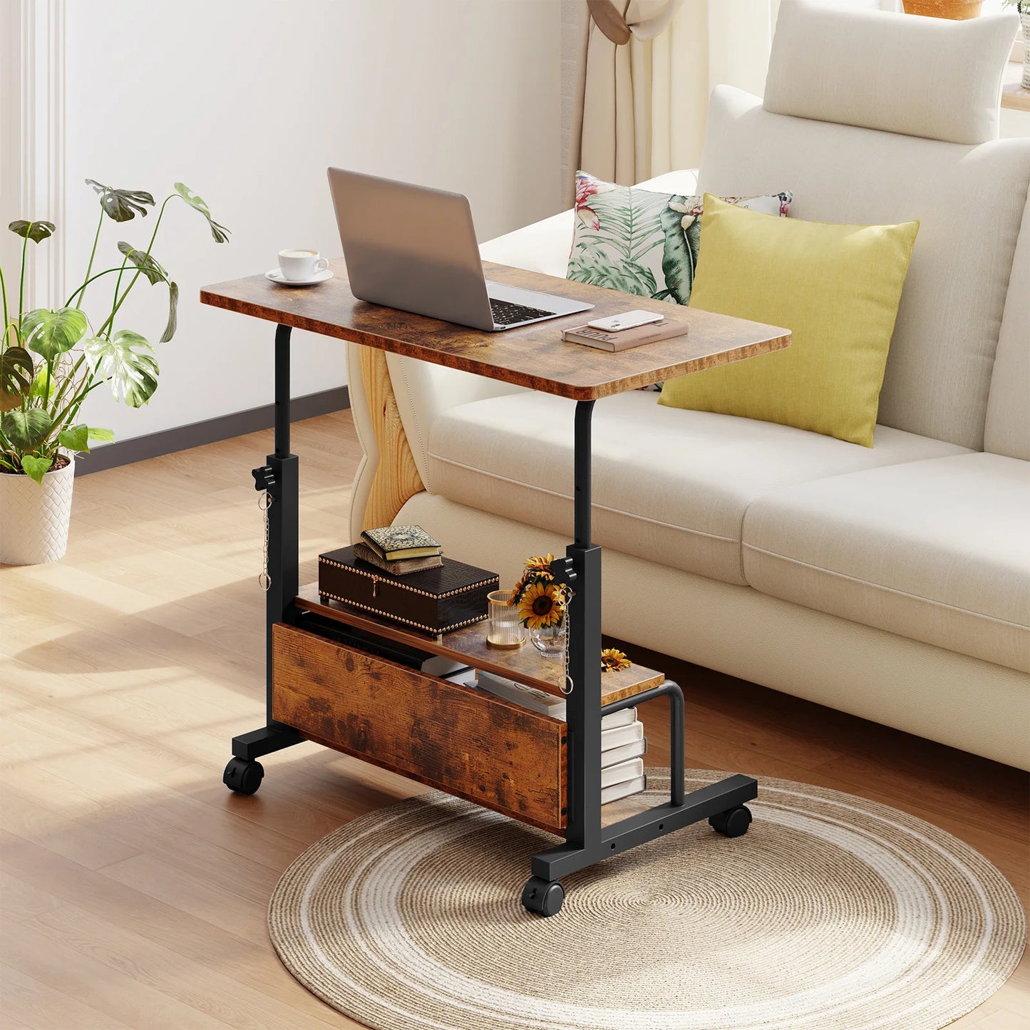 JHK Adjustable Height Mobile Standing Computer Desk With Locking Wheels