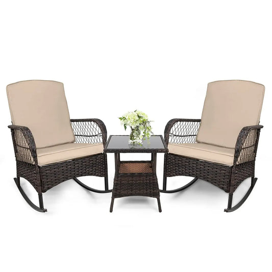 Outdoor 3 Piece Rocking Bistro Set With Glass Table PE Wicker