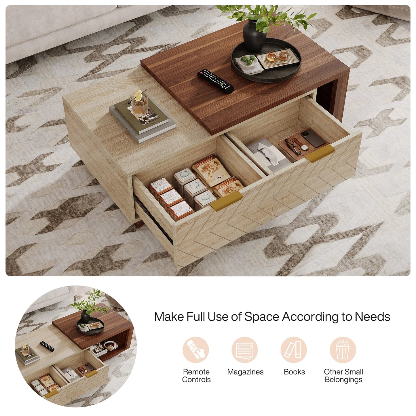 Extendable Walnut and Oak Storage Coffee