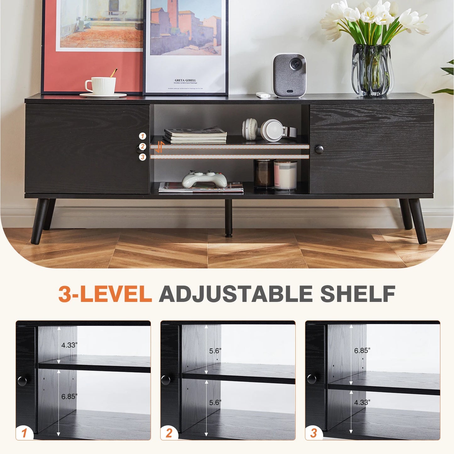 JHK Wooden Fireplace TV Stand With Adjustable Shelves And Storage