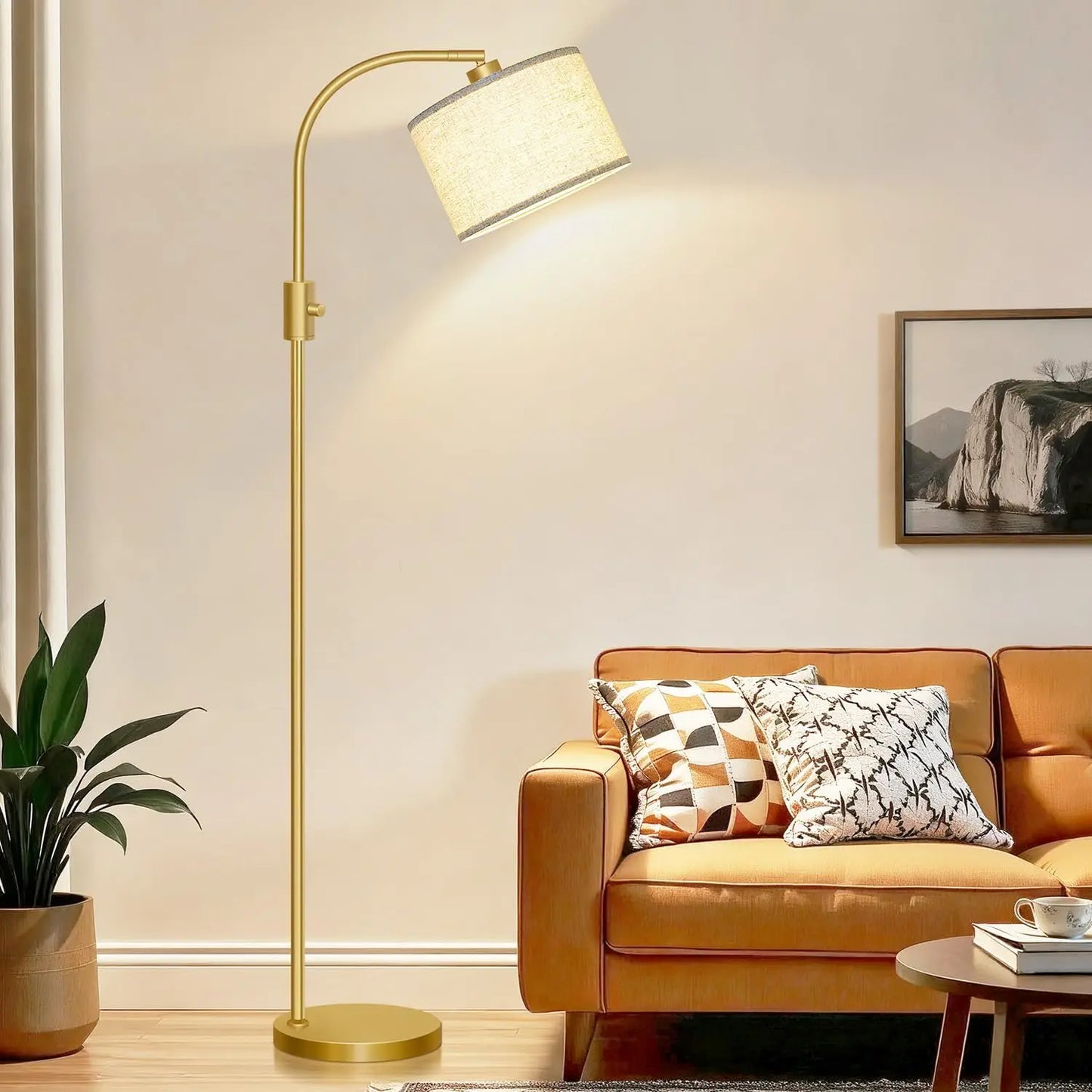 Modern Arc Dimmable Floor Lamp With Linen Shade 1200 Lumens LED Bulb Included