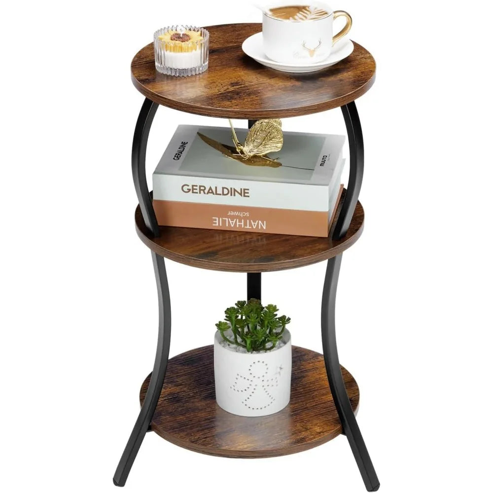 NBVCX Round Side Table With 3 Tier Storage Shelf For Living Room And Bedroom
