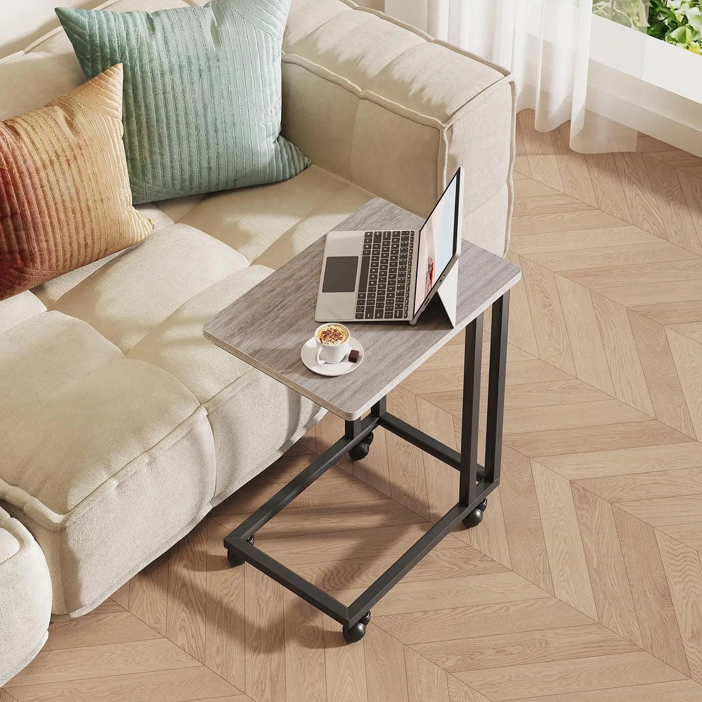 JHK Wood Overbed Table With Wheels Metal Frame Bedside Desk