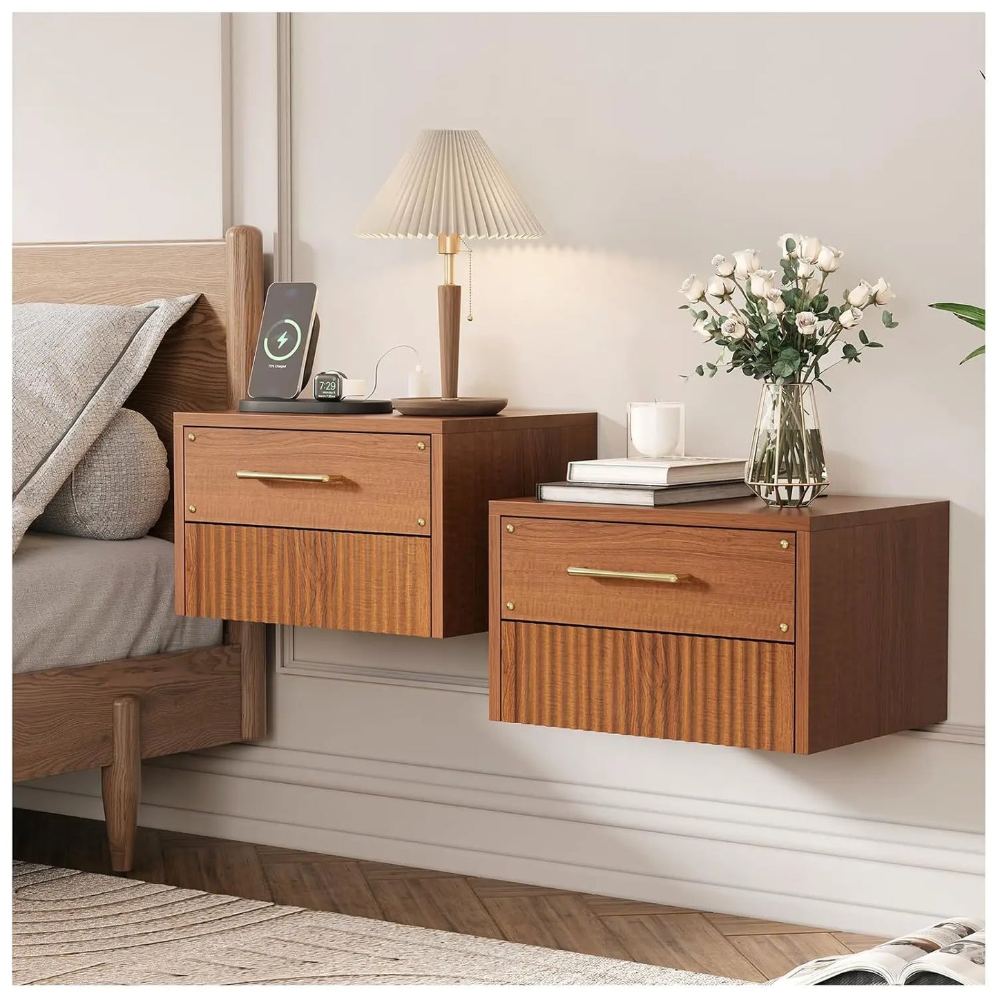 Mid Century Modern Nightstands Set With Drawers Solid Wood Legs