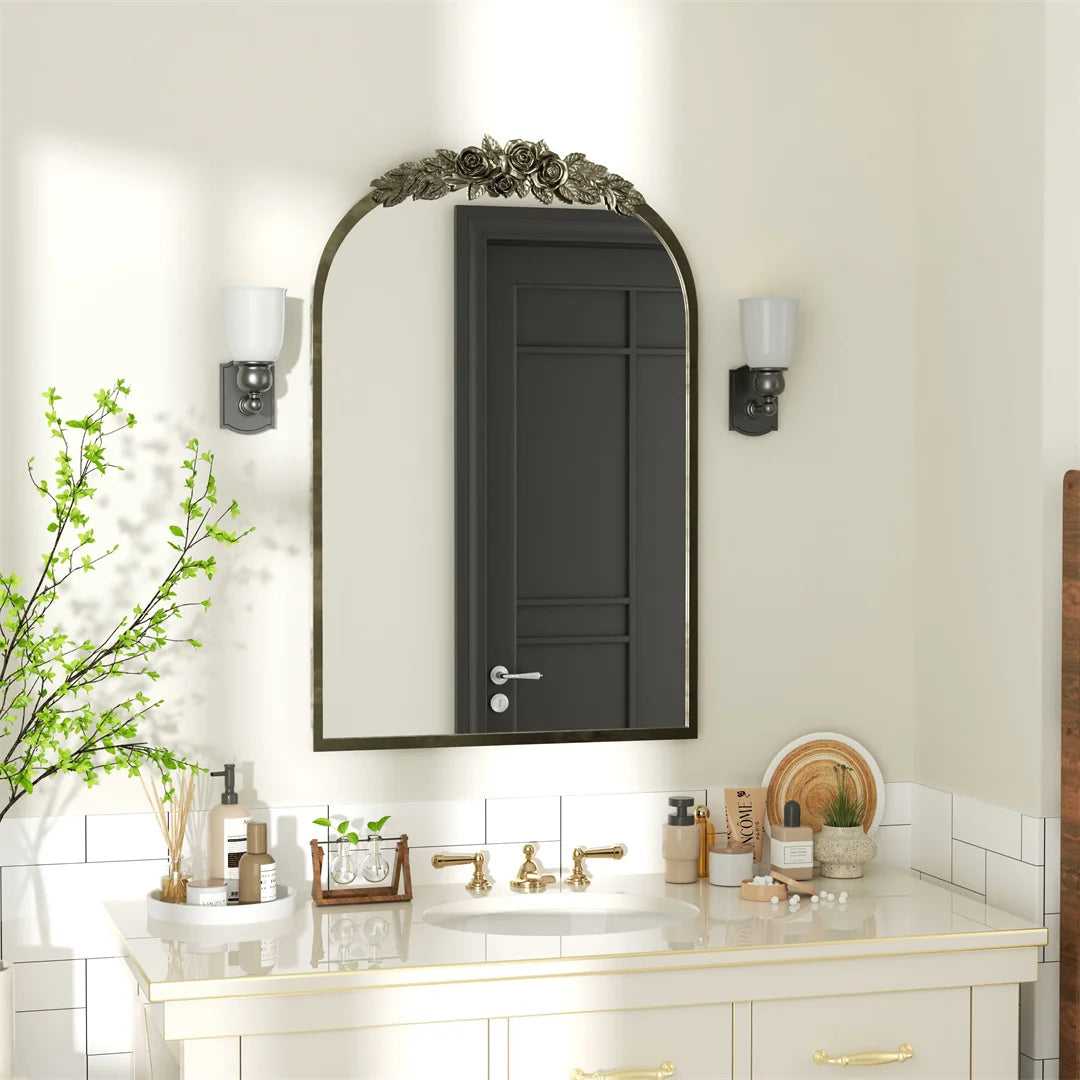 LUVODI Arched Wall Mirror With Metal Frame And Resin Rose Pattern