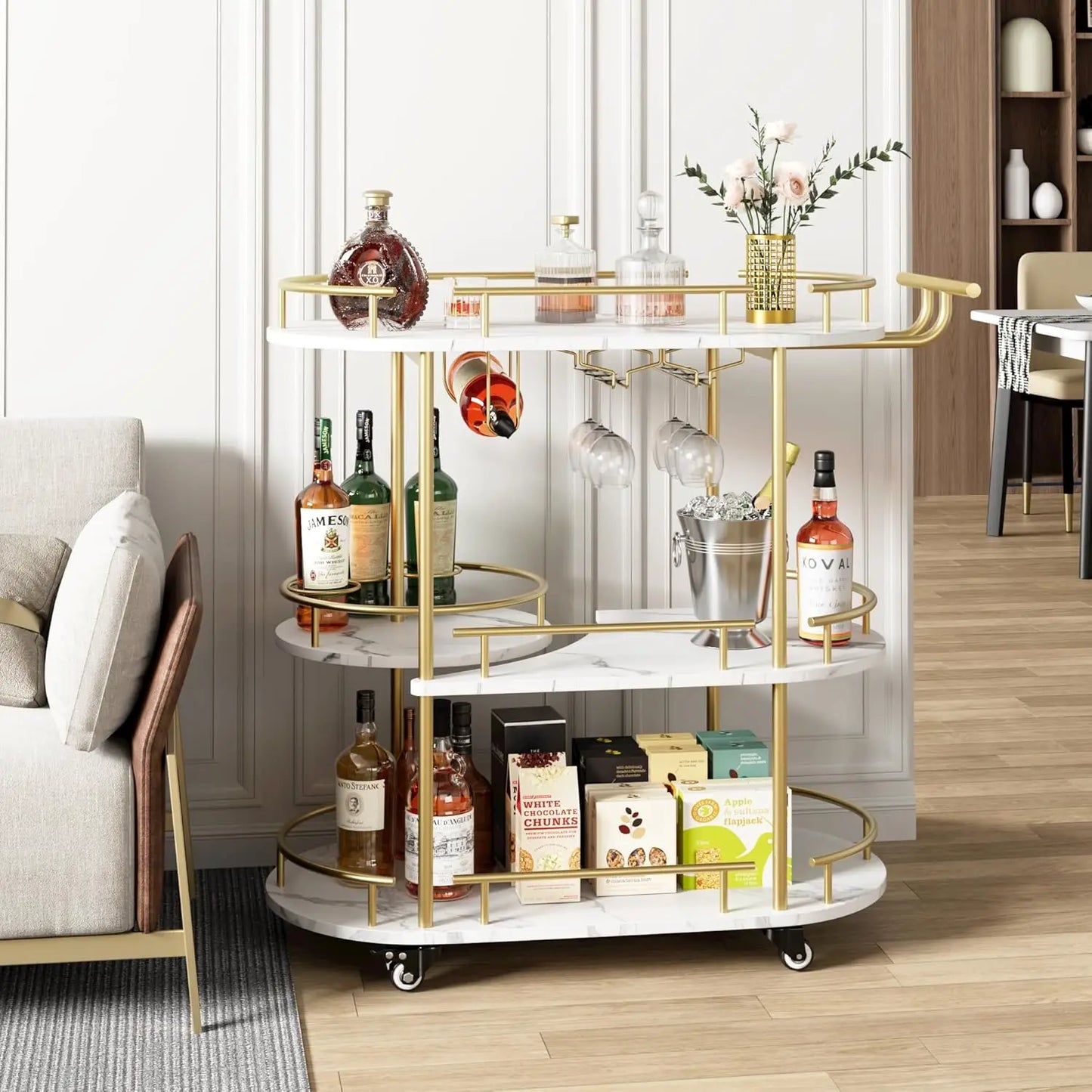 HobbyLane Gold Bar Cart With 4 Tier Storage On Wheels Wine Rack Glass Holder