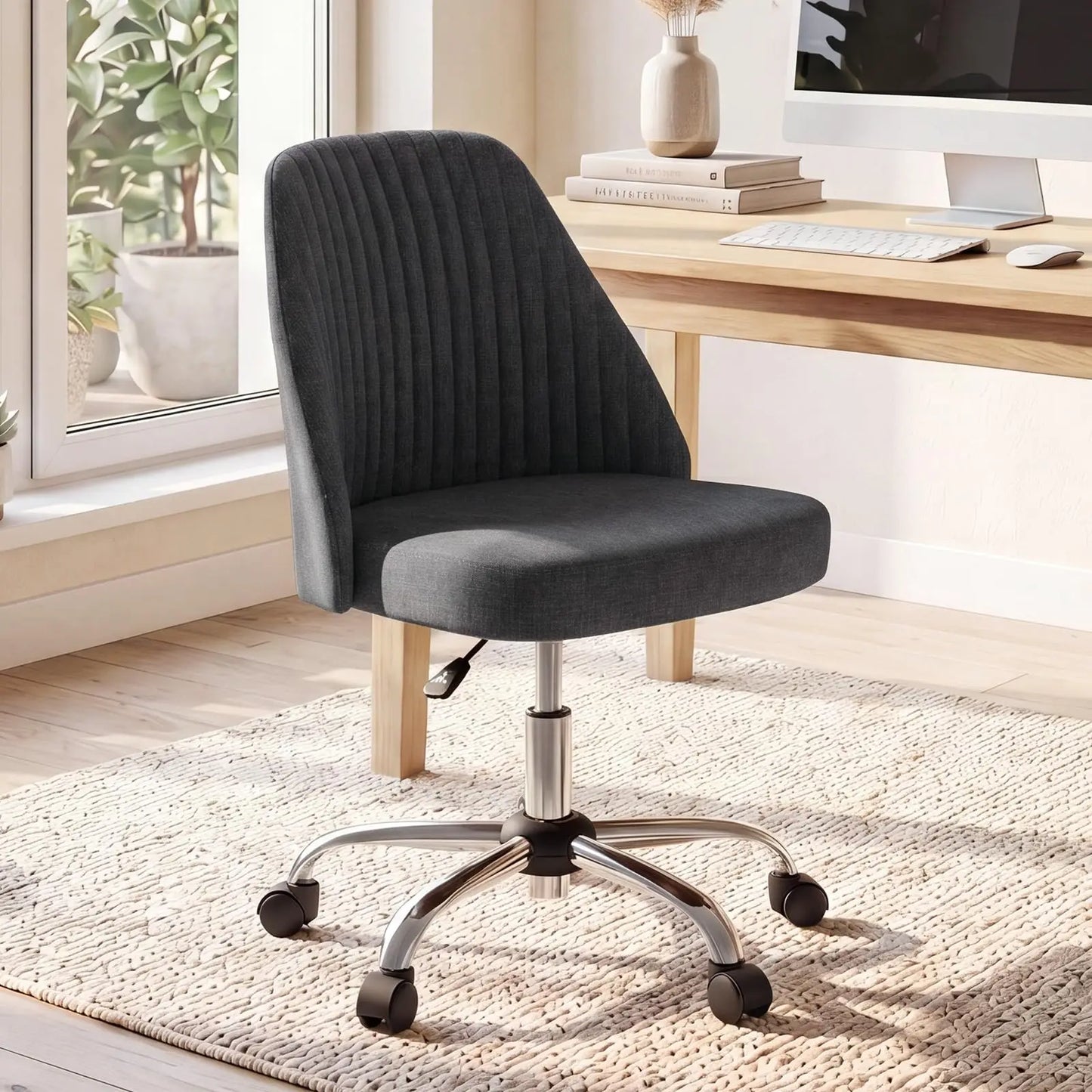 Height Adjustable Armless Vanity Office Chair With Rolling Wheels