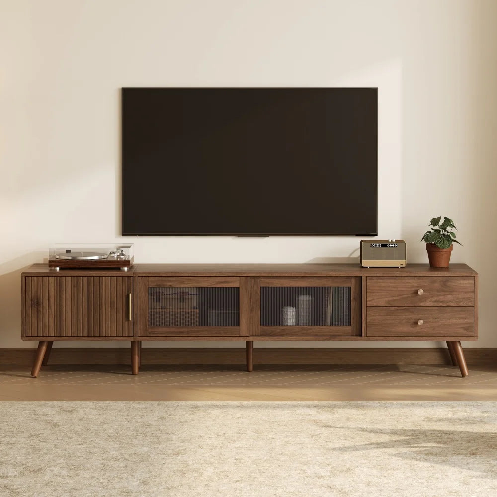 Modern Minimal Glass Doors TV Stand With Wood Grain Cabinets