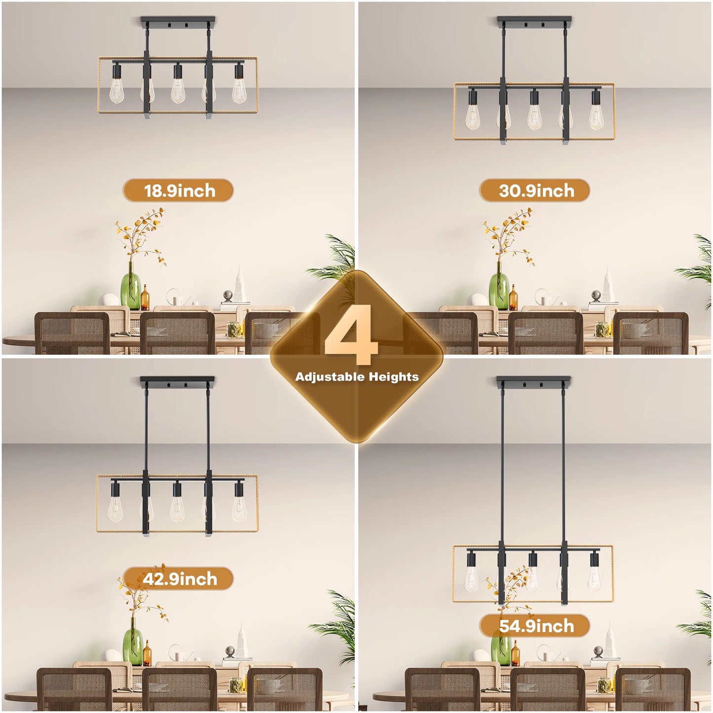 TWISTER.CK Five Light Rattan Pendant Ceiling Light Farmhouse