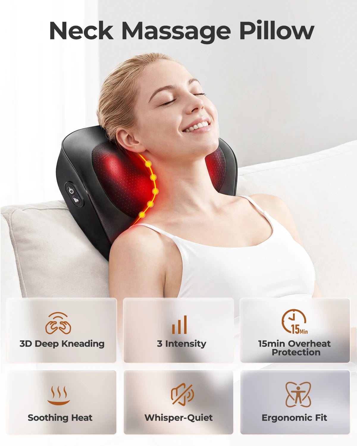 HIMOUTA Electric Shiatsu Back Neck Massager With Heat Ultra Quiet 3D Kneading Pillow