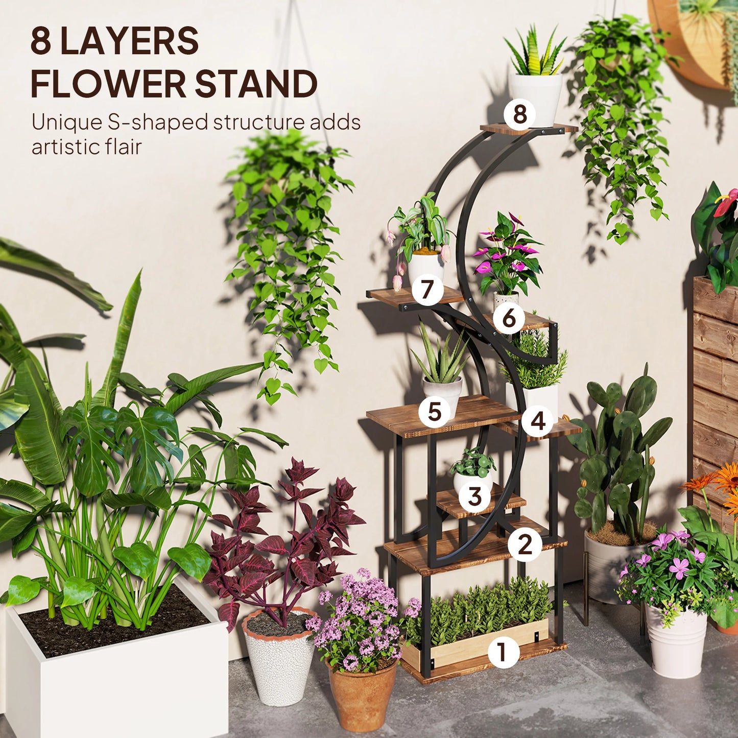 S Shaped Corner Plant Stand With Metal Frame Carbonized Finish