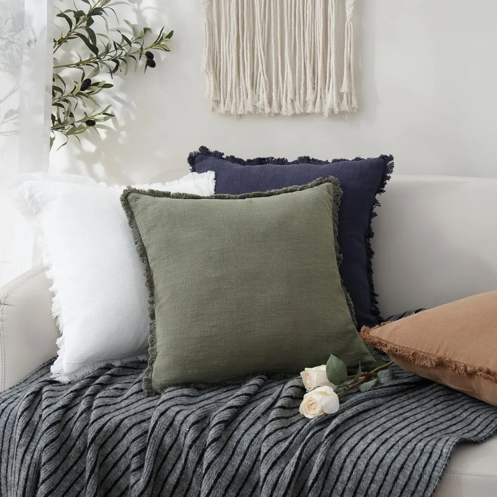 NBVCX Linen Fringe Throw Pillow Covers With Tassels Boho Farmhouse