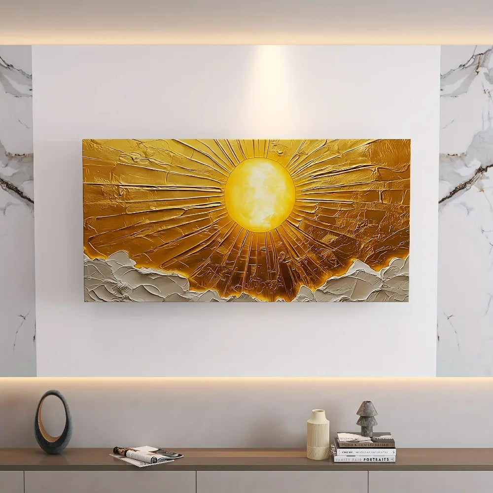 Abstract Sun Canvas Wall Art With Pine Frame For Interior Decor