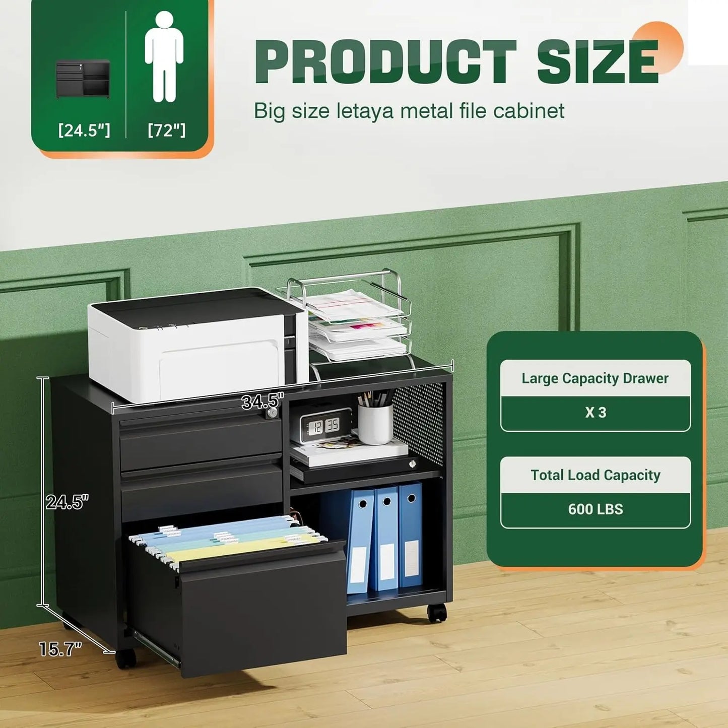 XMSJ Mobile 3 Drawer File Cabinet With Lock Rolling Storage