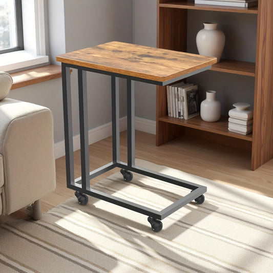JHK Wood Overbed Table With Wheels Metal Frame Bedside Desk