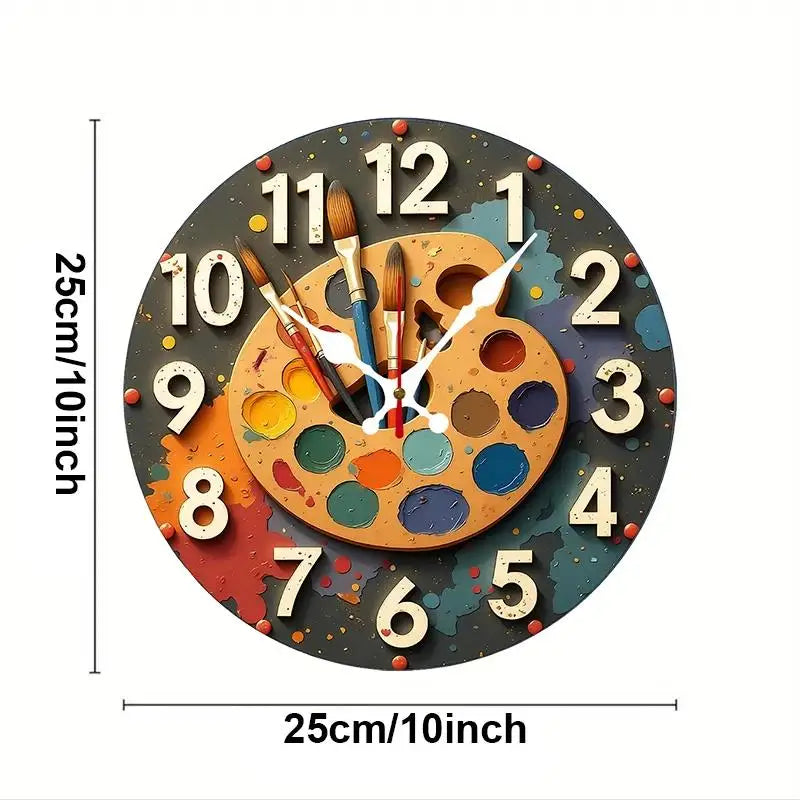 DIY 2D Flat Oil Painting Pattern Wooden Round Silent Wall Clock