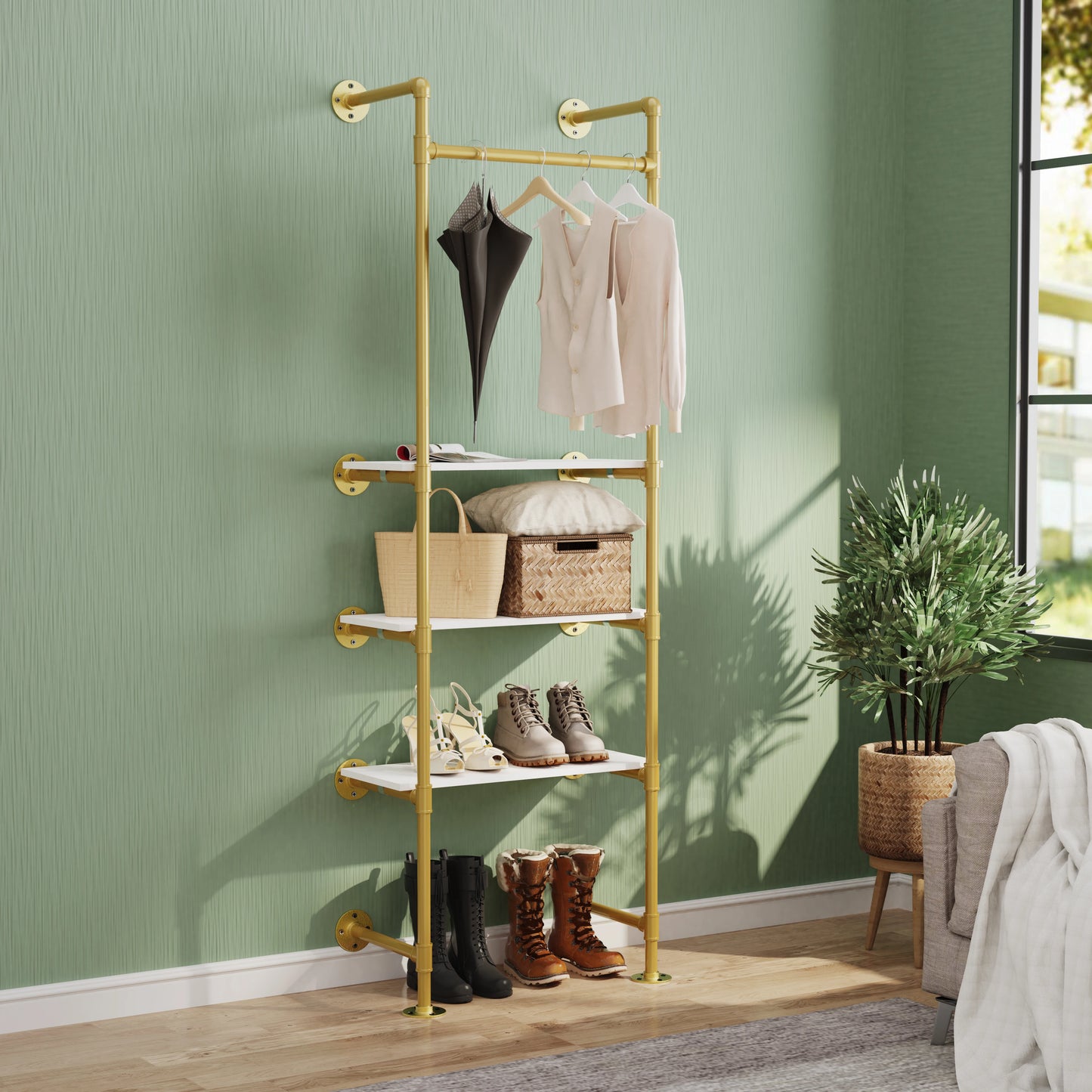 Industrial Pipe Clothing Rack Wall Mounted Three Tier Cast Iron