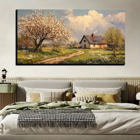Vintage European Farmhouse Field Floral Poster On Canvas With Frame