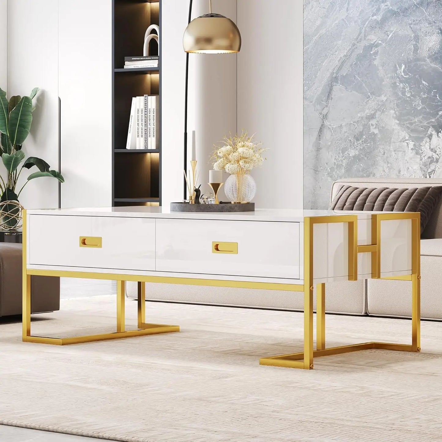 Rectangular Bamboo Coffee Table With Four Drawers And Metal Base