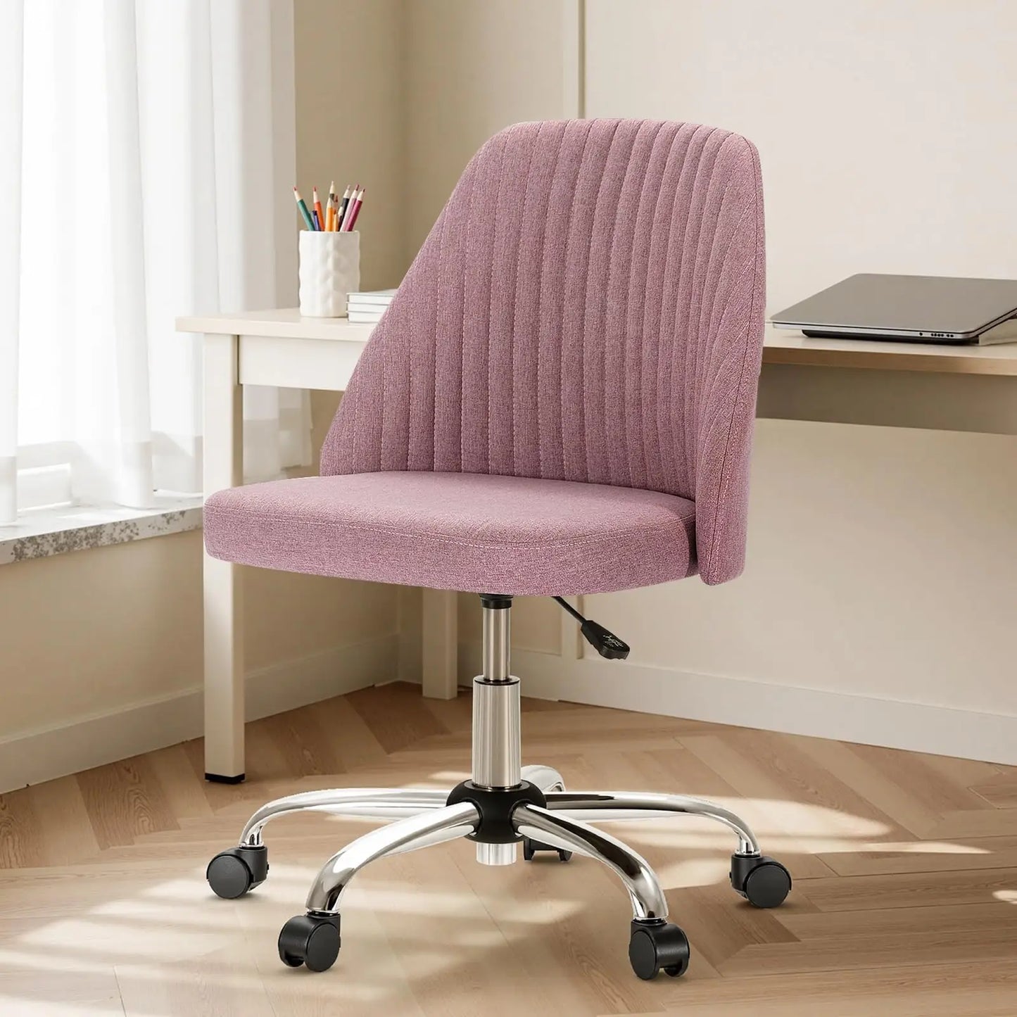 Height Adjustable Armless Vanity Office Chair With Rolling Wheels