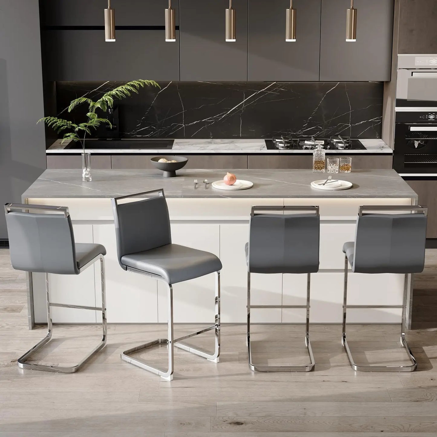 Frame Bar Stools 4 With Back Modern Faux Leather Seating