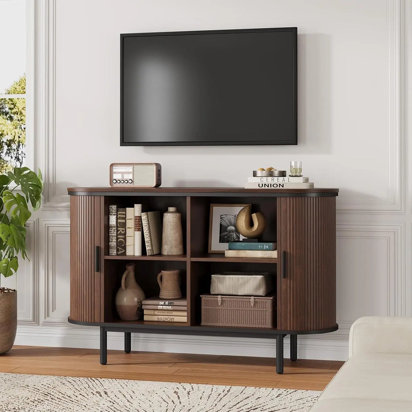 HUANZHUANG Modern Buffet Cabinet With Sliding Tambour Doors Open Shelves