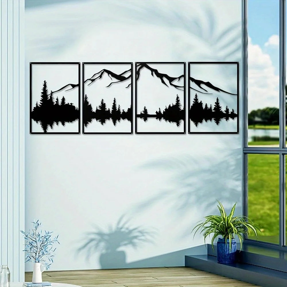 Four Piece Metal Mountain Wall Art For Modern Home Decor