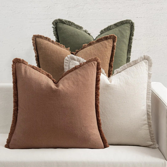 Neutral Linen Fringe Throw Pillows Set Of 4 Sofa Decor