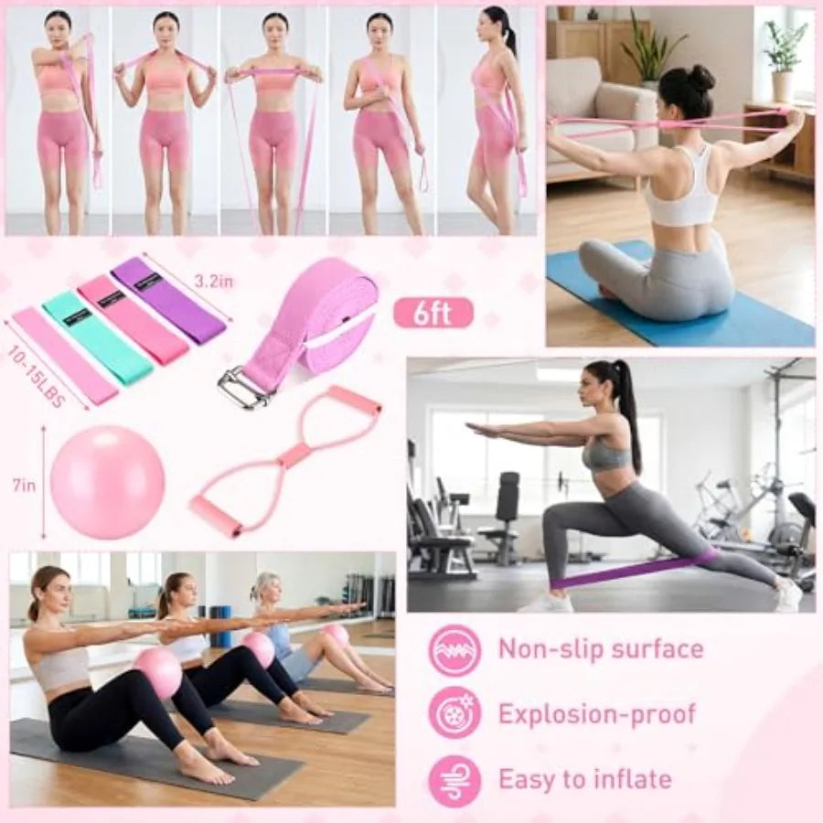Pink Yoga Accessories Set 11 Pieces for Women Pilates Kit