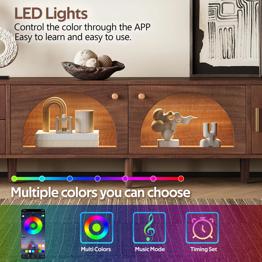TV Stand With App LED Lights Glass Door Drawers Storage