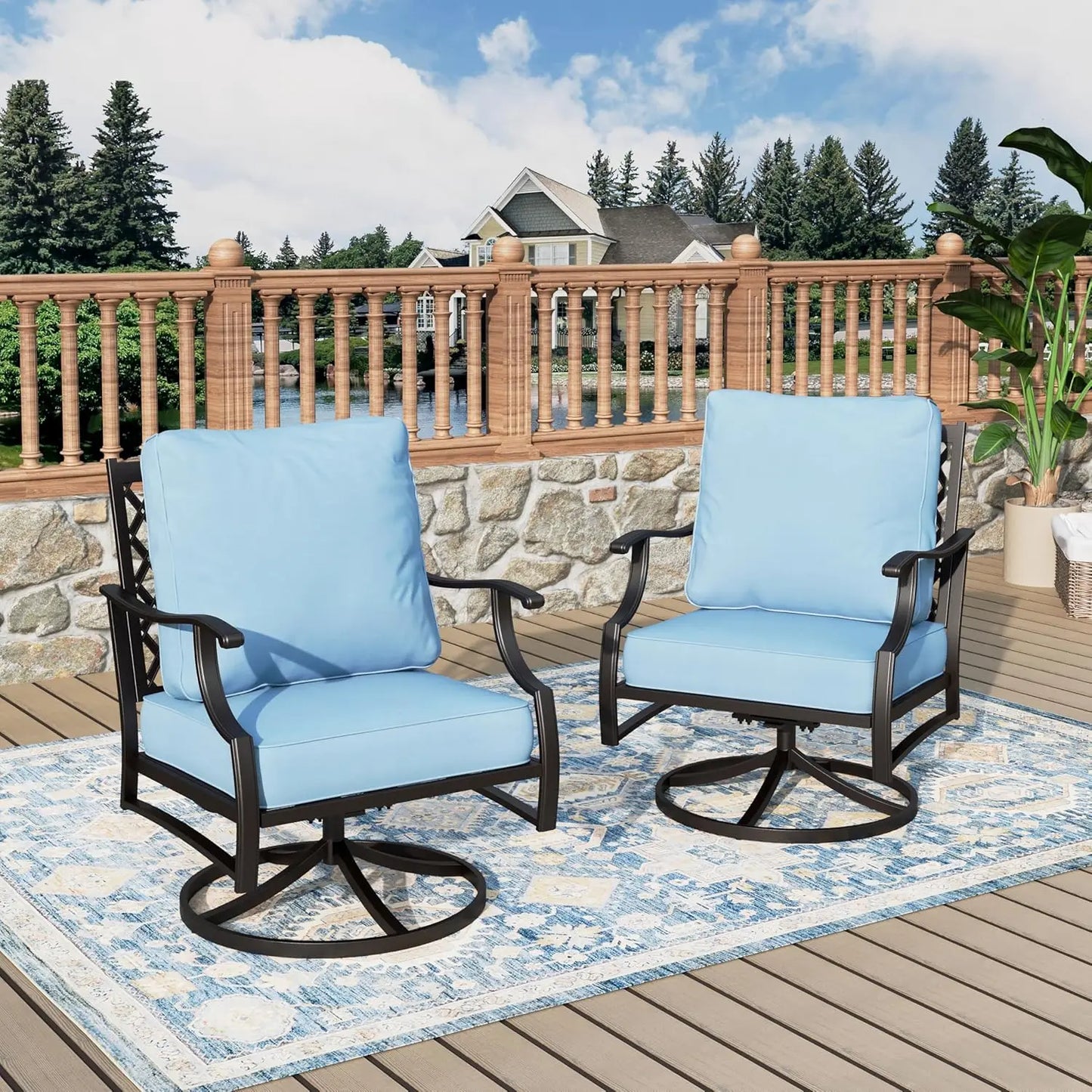 Swivel Patio Chairs Set Of Two Outdoor High Back Metal Cushioned