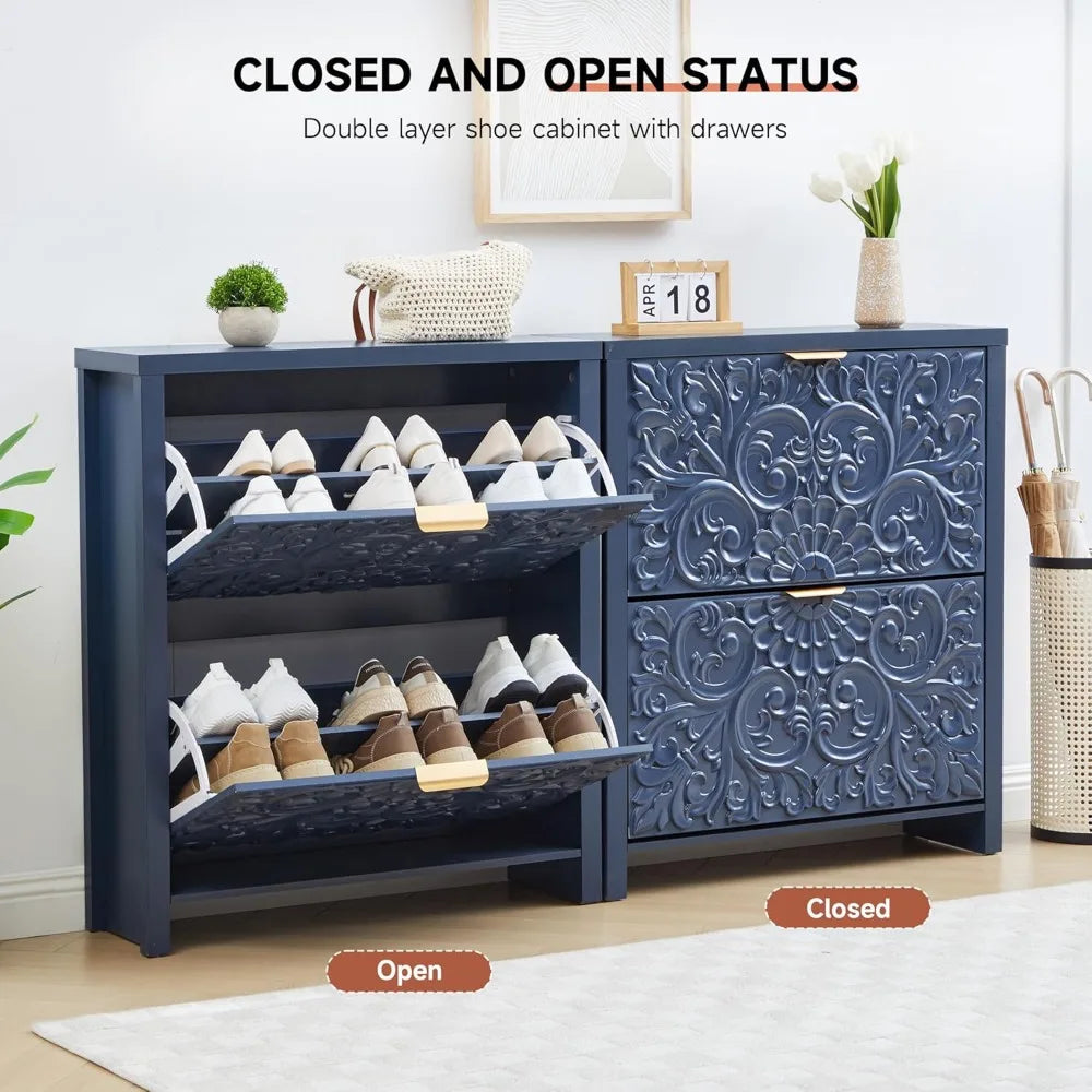 Slim Shoe Cabinet With Flip Drawers 2 Tier Organizer