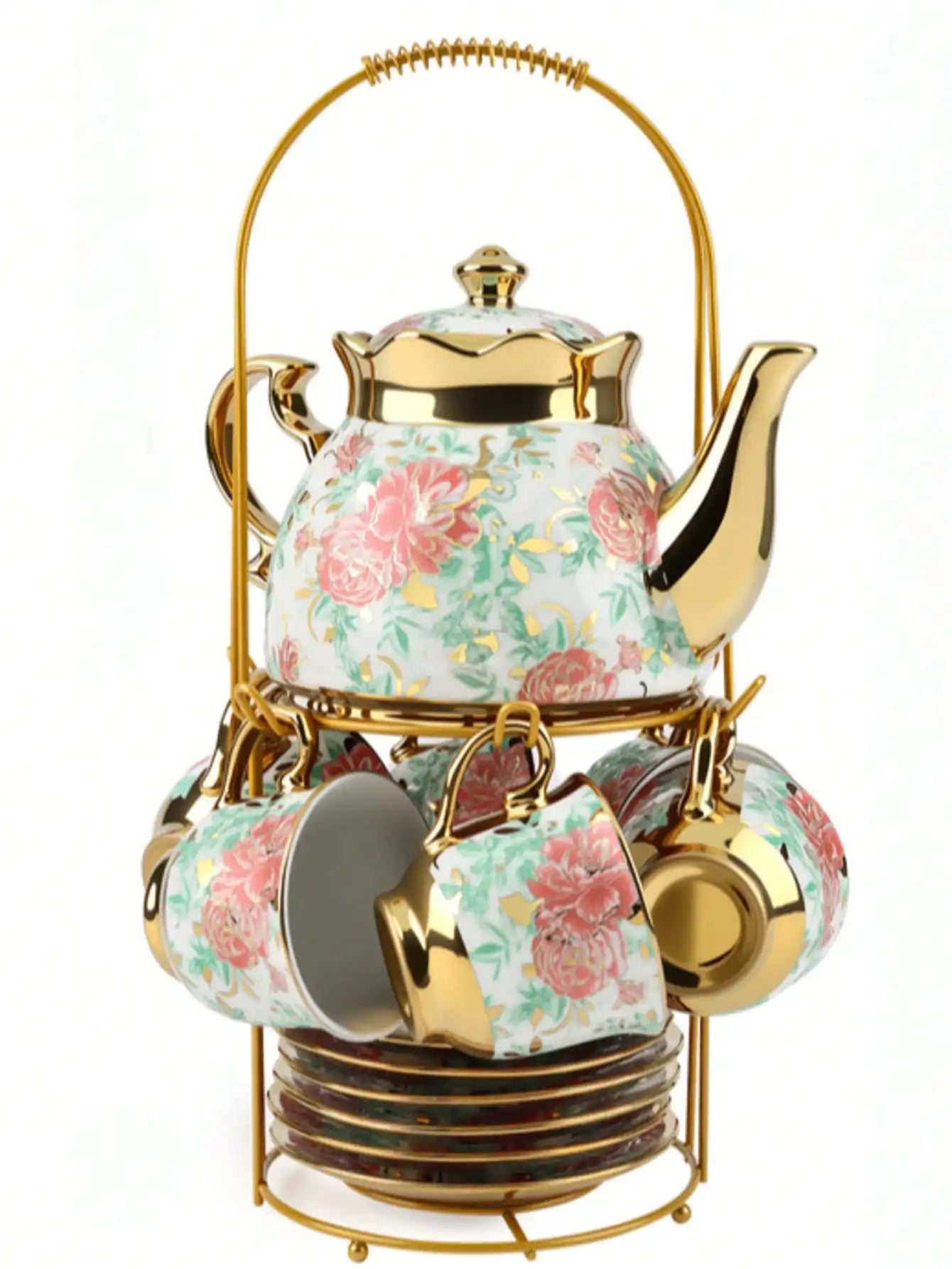 European Porcelain Tea Set With Metal Holder And Floral Pattern