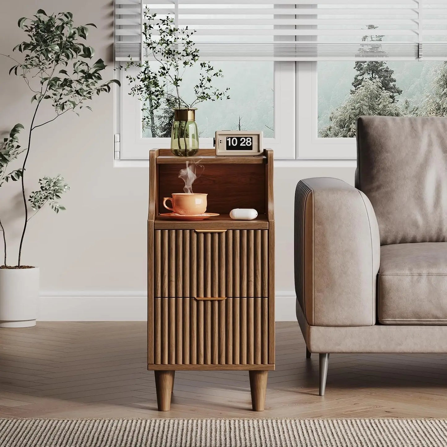 Frame Narrow Nightstand Set Of 2 With 2 Drawers Fluted
