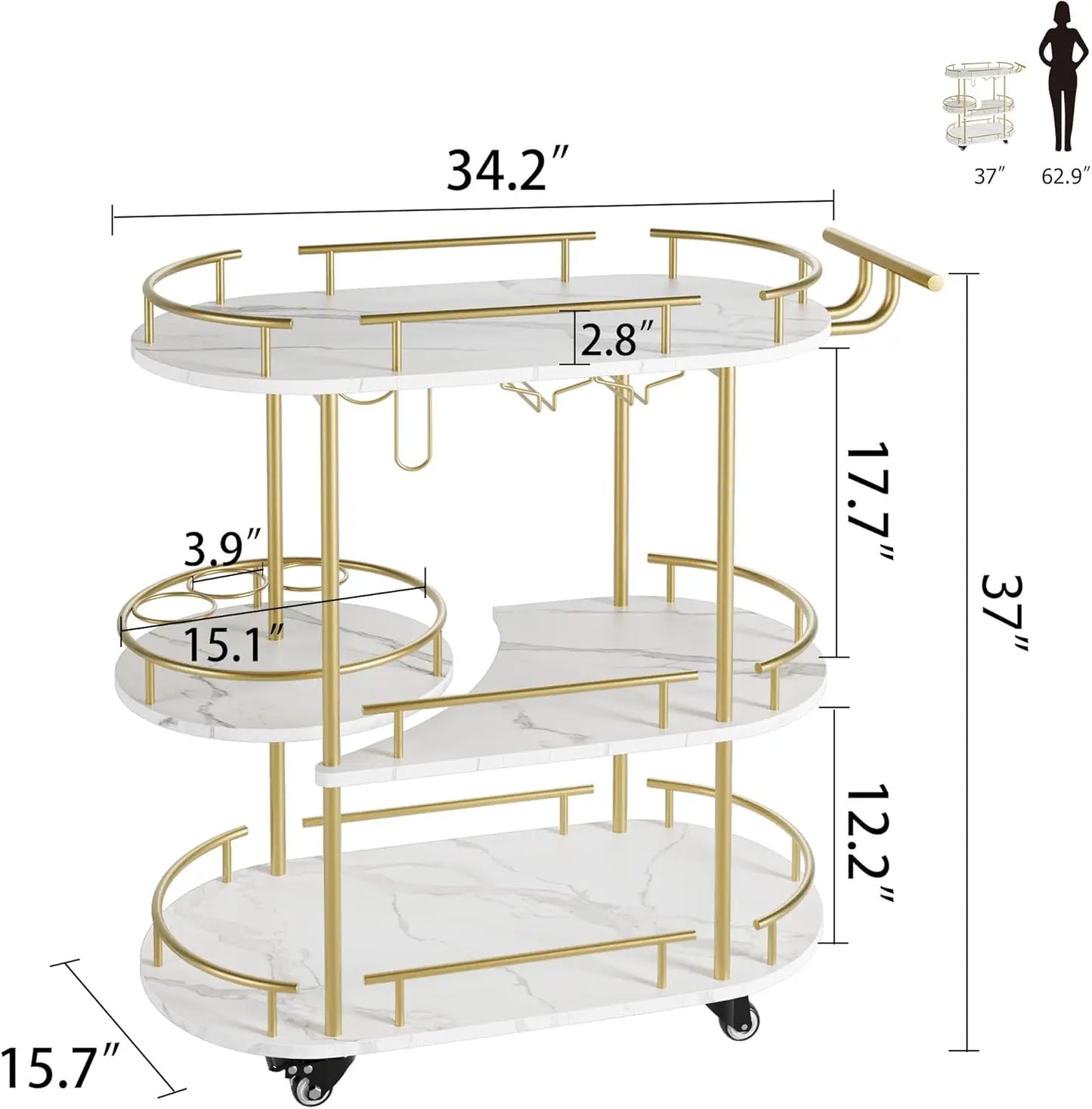 HobbyLane Gold Bar Cart With 4 Tier Storage On Wheels Wine Rack Glass Holder