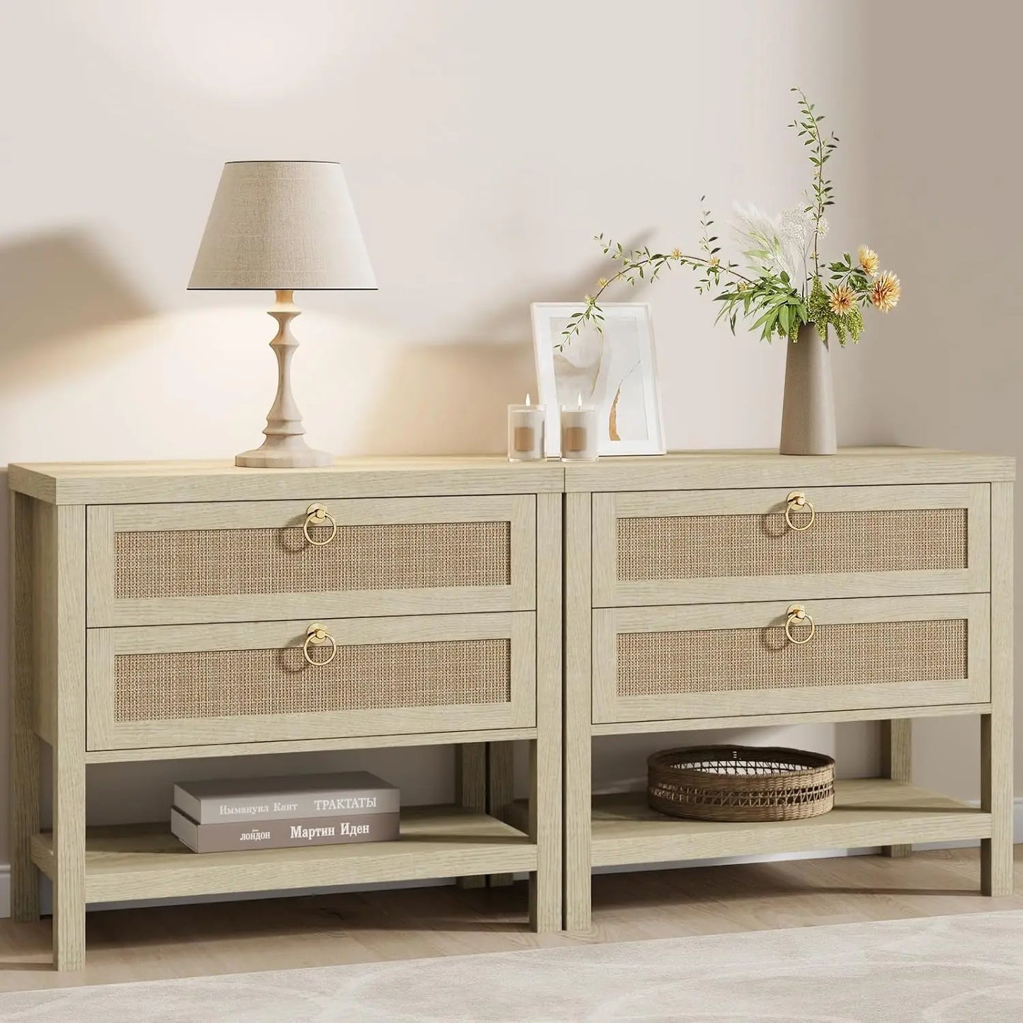Rattan Nightstands Set of 2 Boho Style Bedroom End Tables