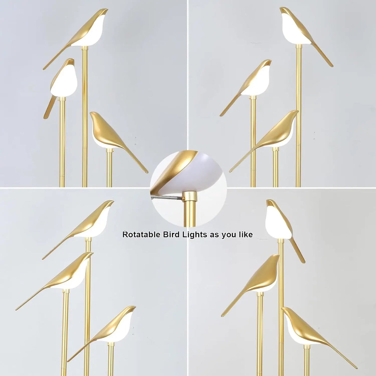 Modern Gold Floor Lamp With Adjustable LED Bird Lights And Wood Shelf