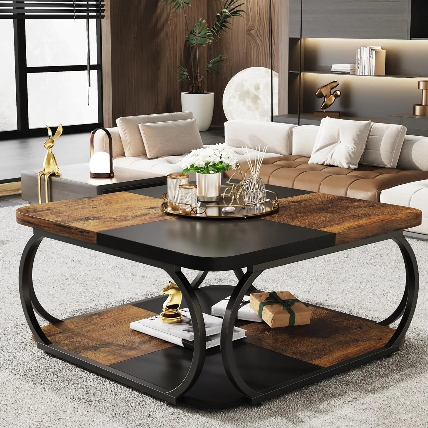 Little Tree Square Coffee Table With Two Tier Wood Storage