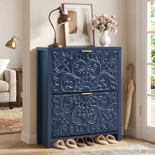 Slim Shoe Cabinet With Flip Drawers 2 Tier Organizer
