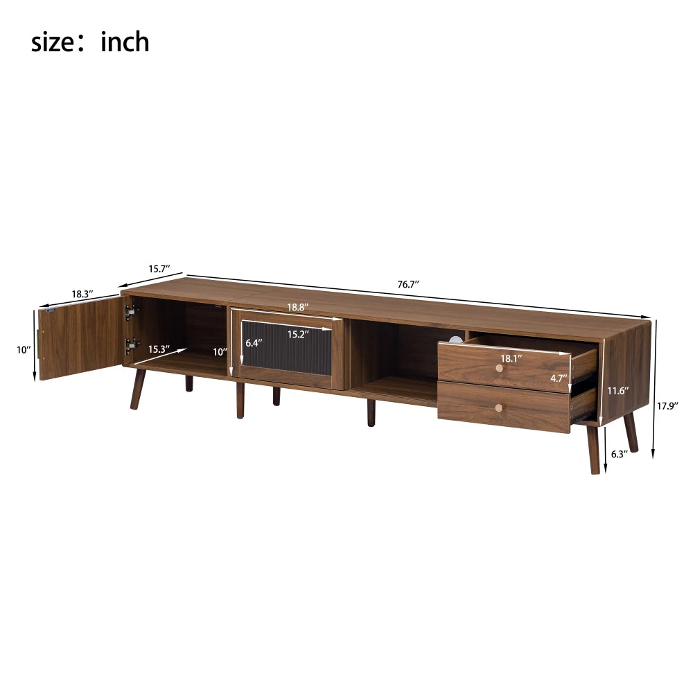 Modern Minimal Glass Doors TV Stand With Wood Grain Cabinets