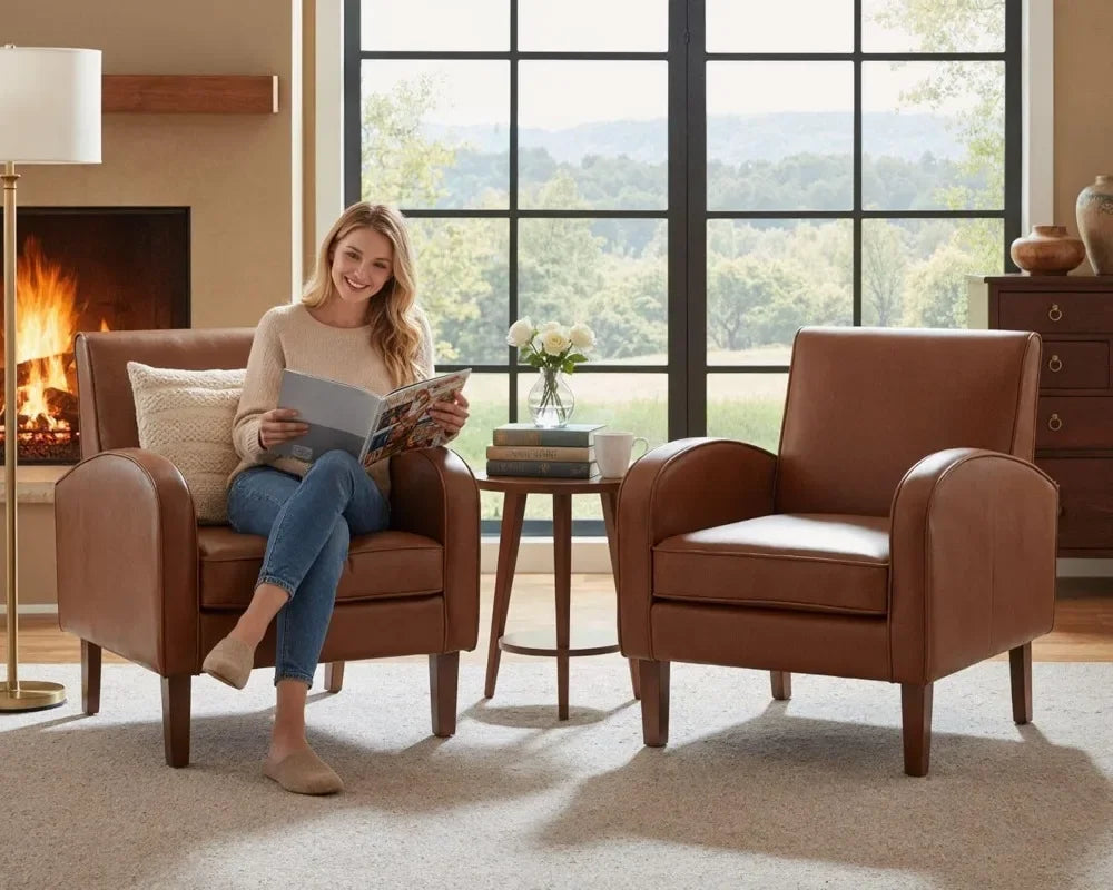 Mid Century Modern Faux Leather Accent Chairs Set of 2