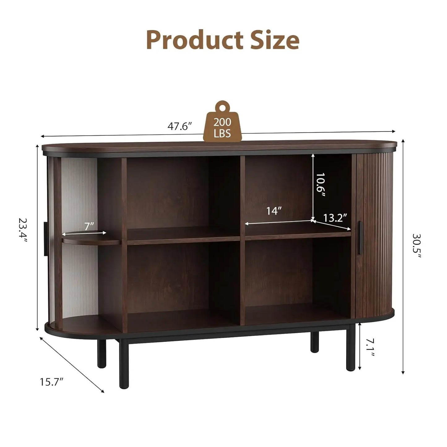 HUANZHUANG Modern Buffet Cabinet With Sliding Tambour Doors Open Shelves