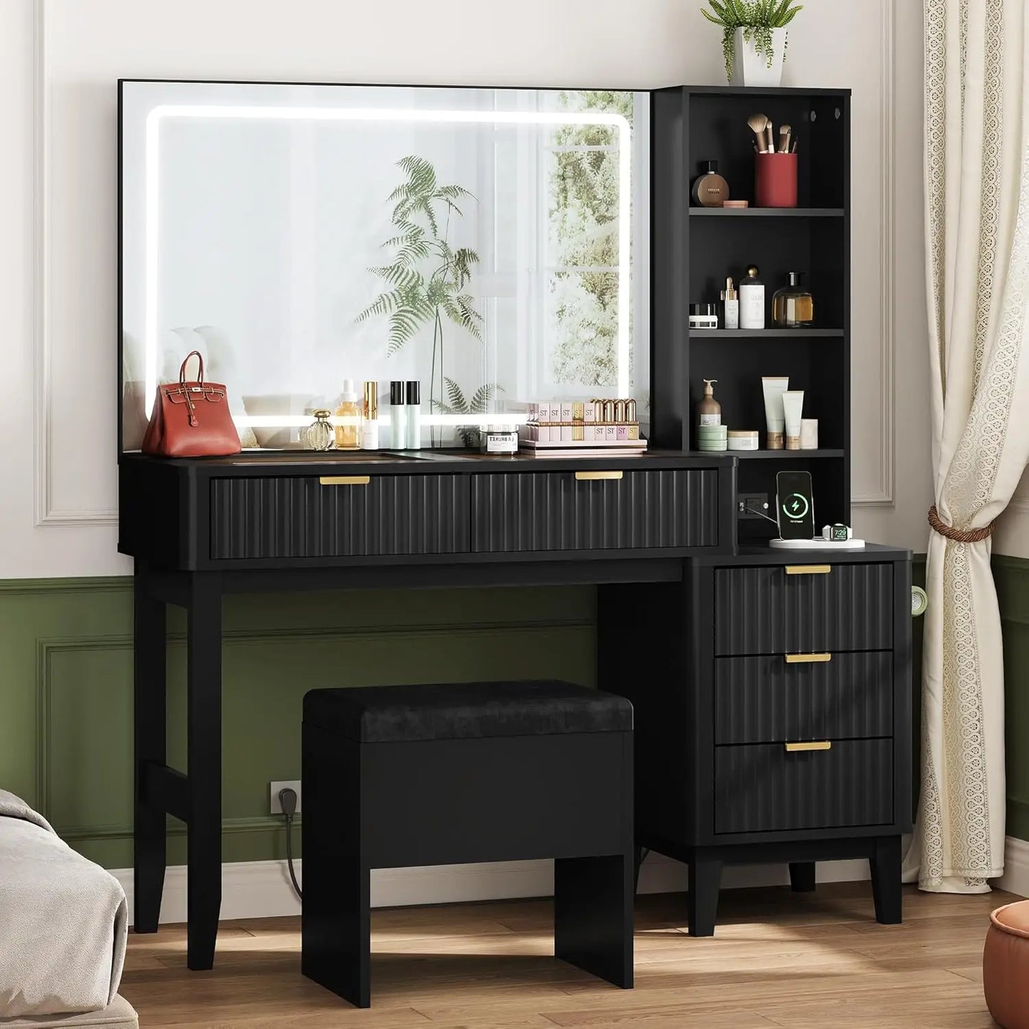 Vanity Table With Large LED Mirror And Charging Station