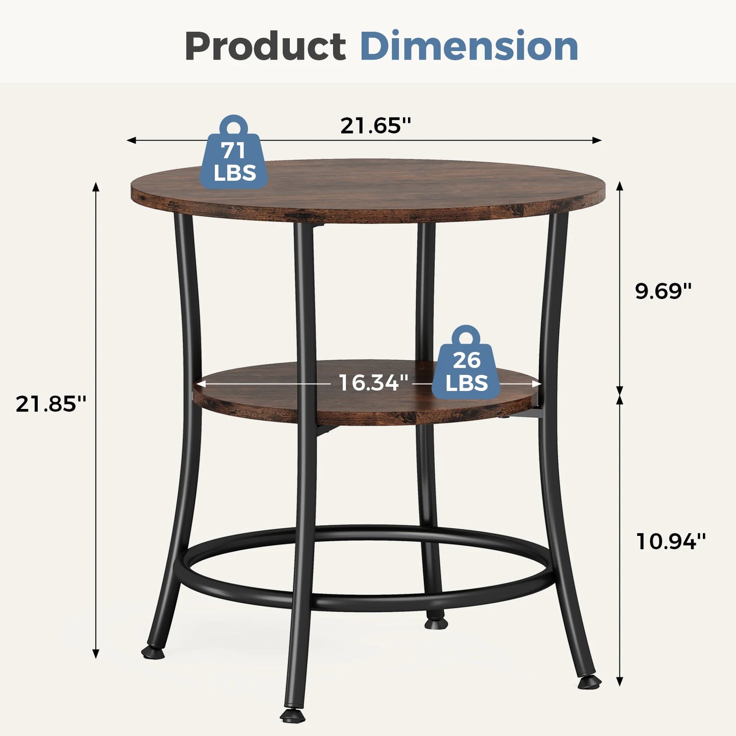 JHK Two Tier Round Coffee Table Metal Frame Storage Shelf