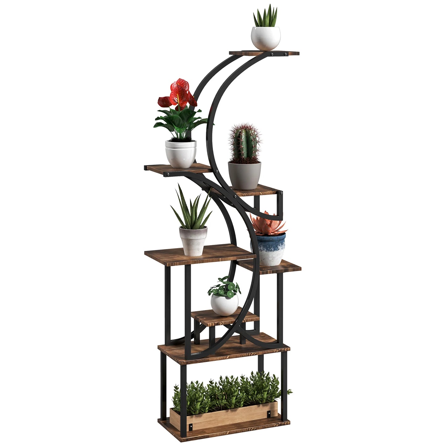 S Shaped Corner Plant Stand With Metal Frame Carbonized Finish