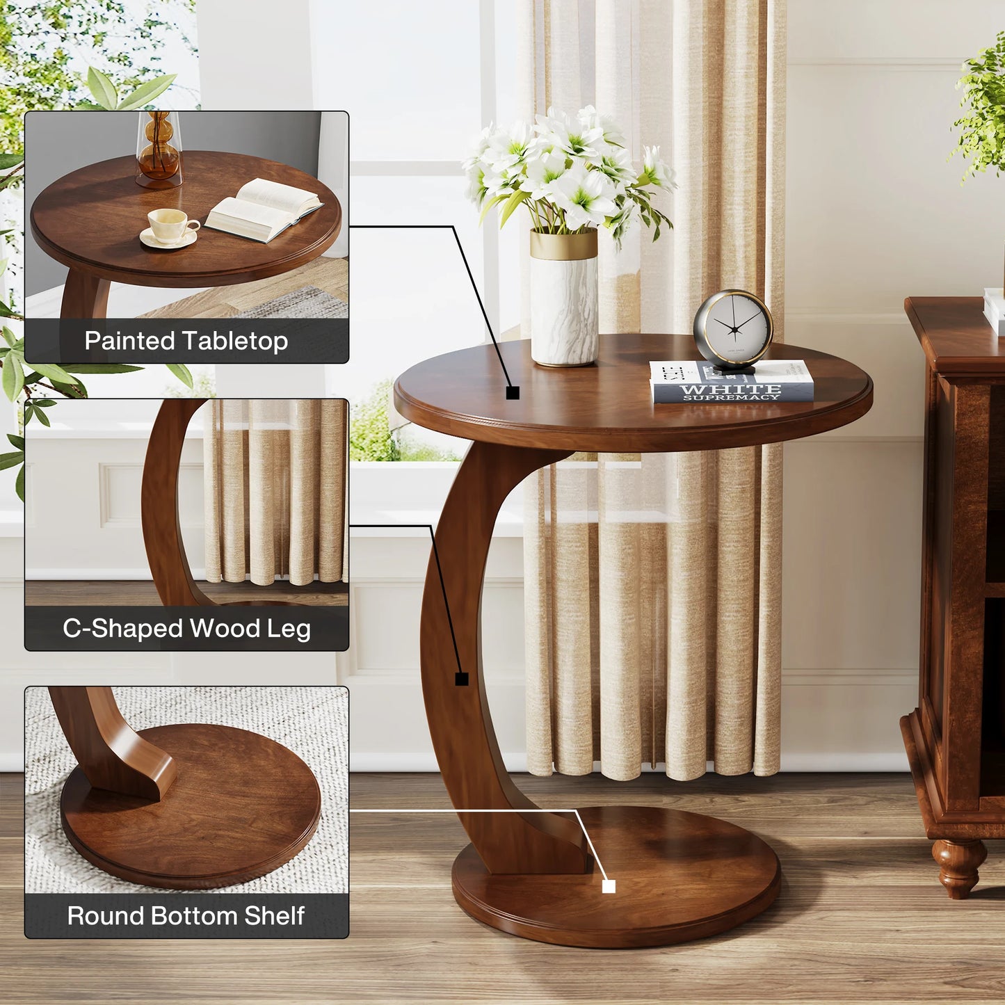 Tribesigns Round Wood C Shaped End Table Mid Century Style For Living Room