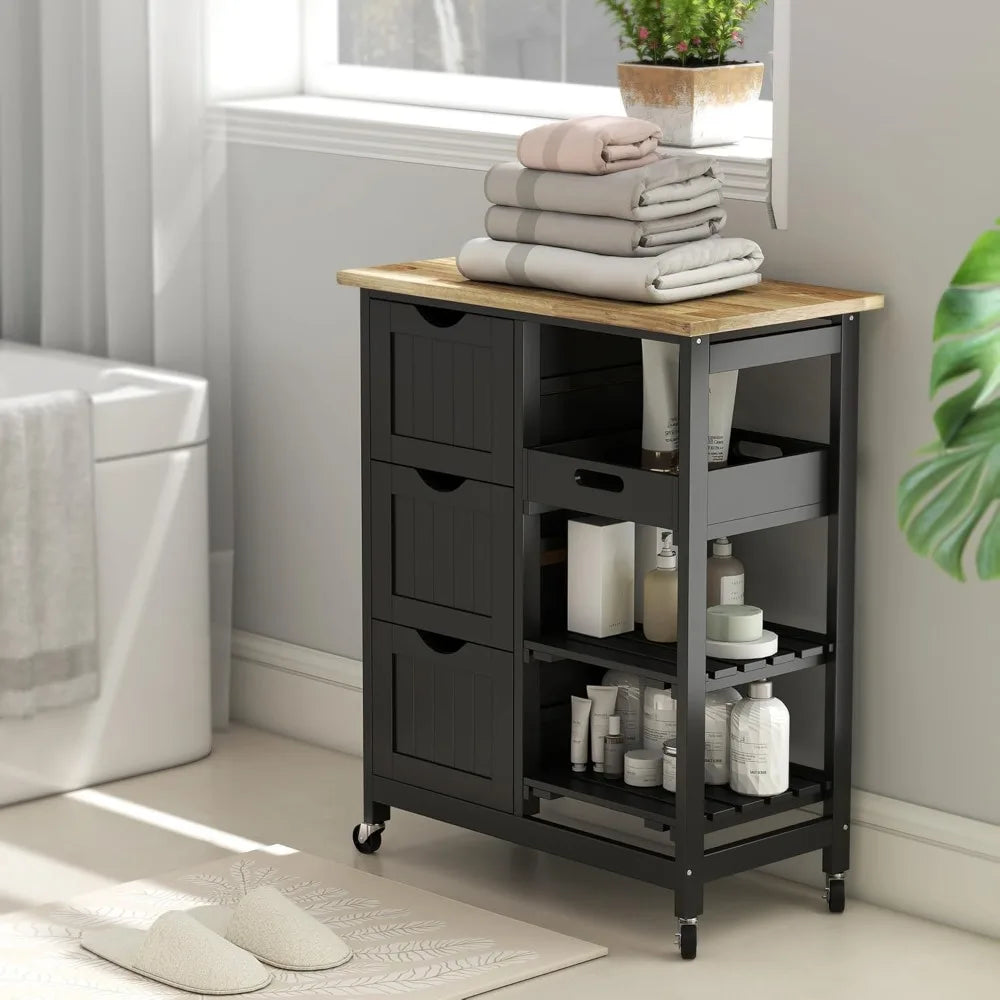 Rolling Kitchen Island Cart With Wood Top On Wheels Shelves