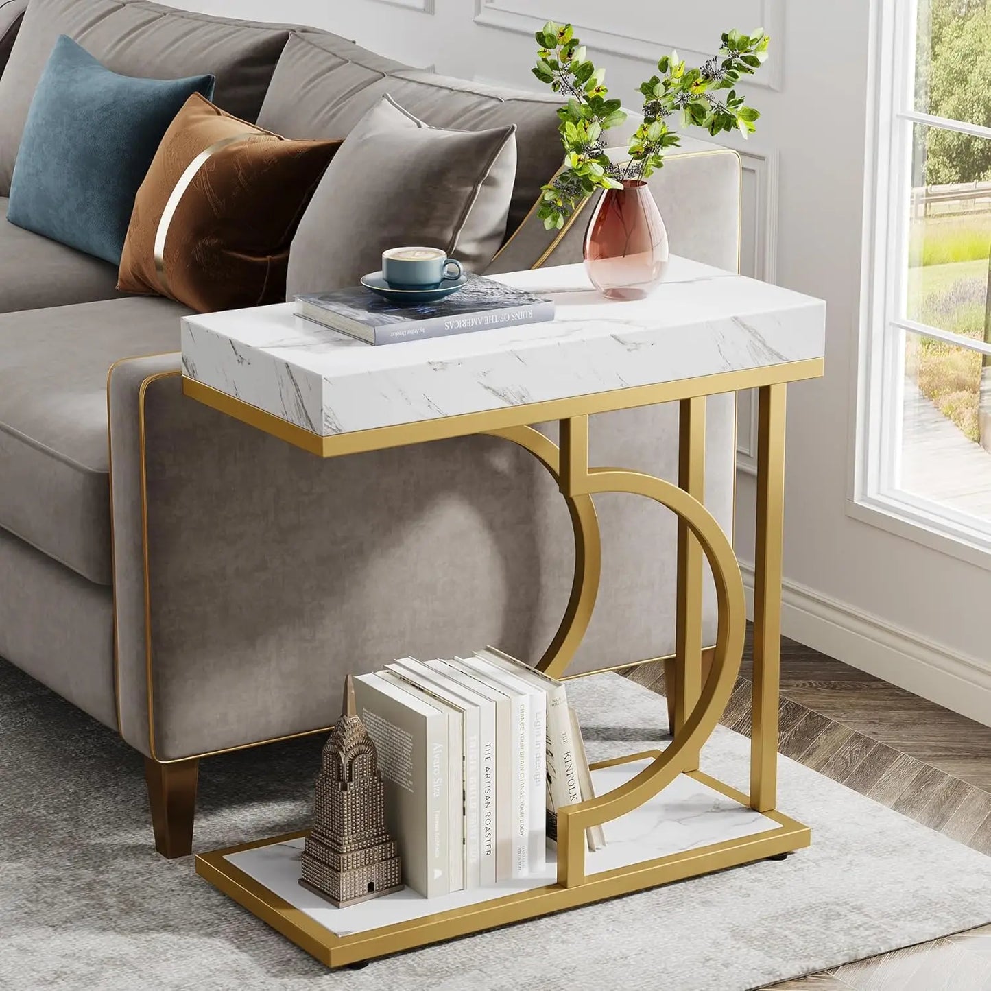 Little Tree C Shaped End Table With Metal Frame For Living Room