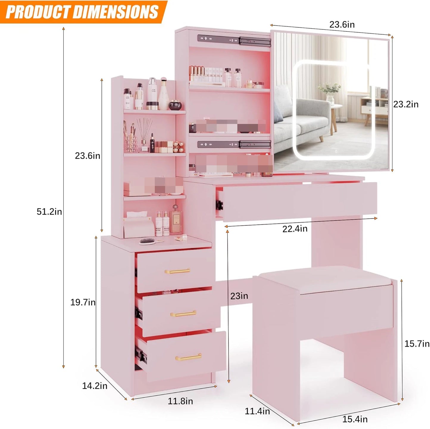 HiMISS Vanity Desk With Sliding Lighted Mirror And Storage