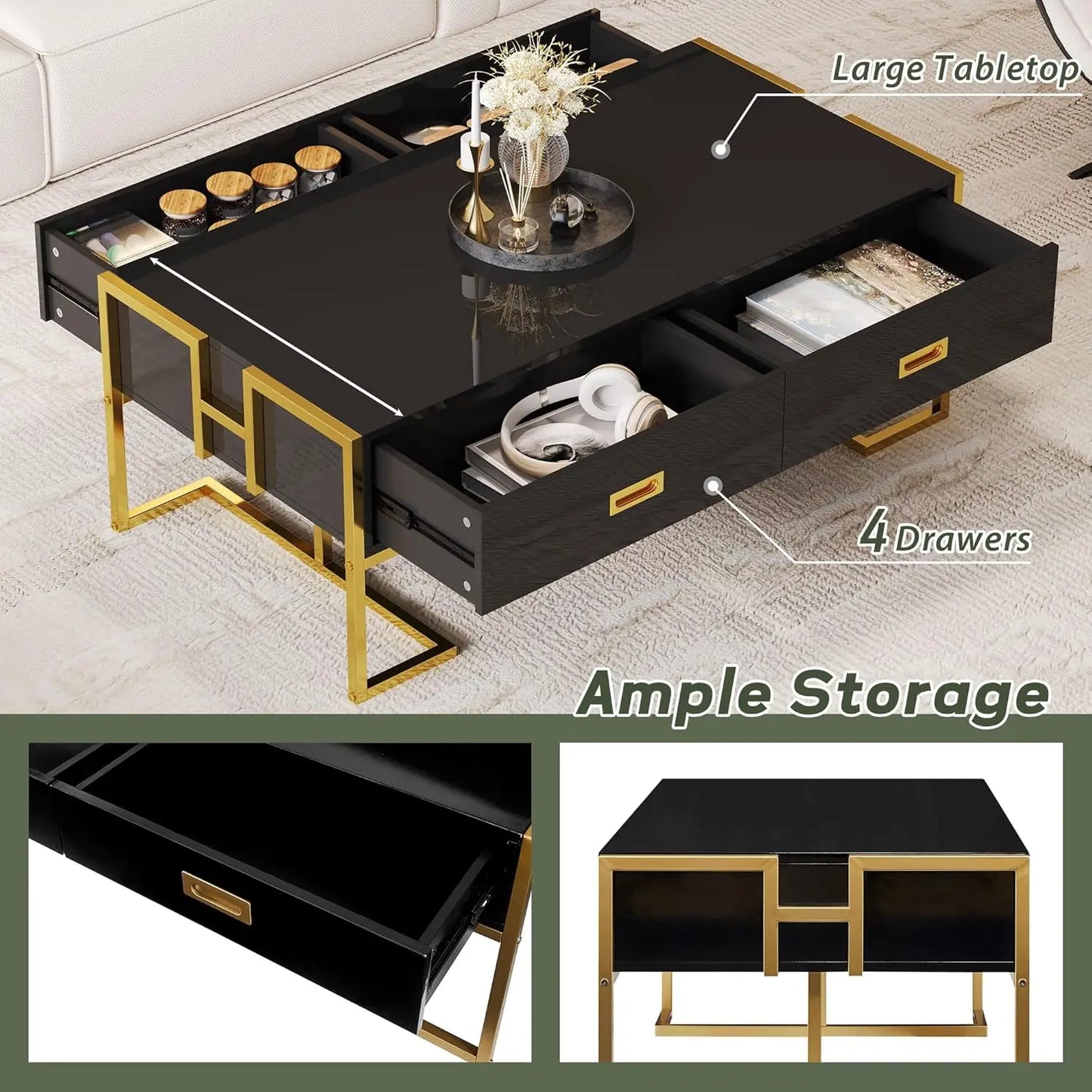 Rectangular Bamboo Coffee Table With Four Drawers And Metal Base